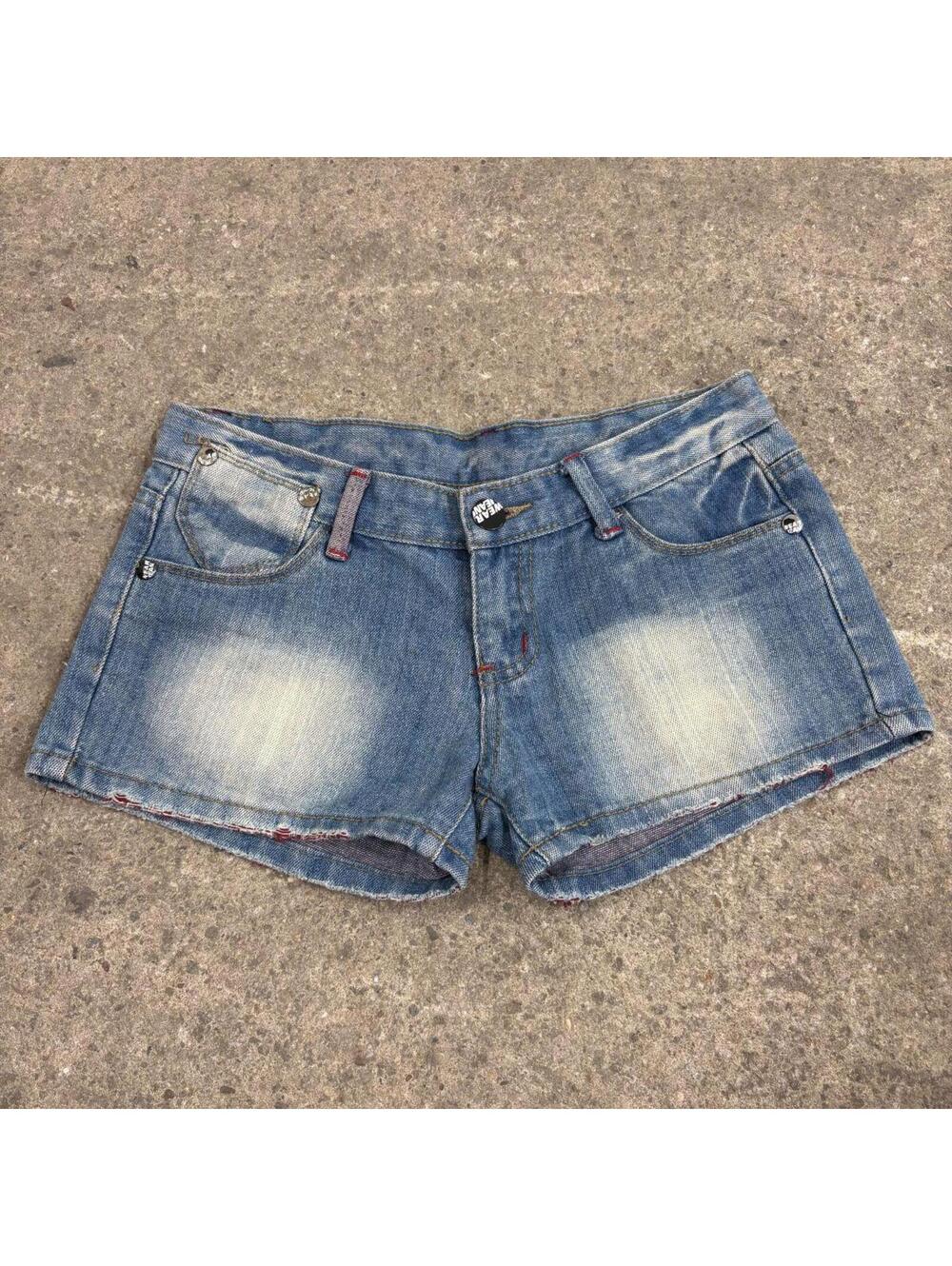 Vintage Y2K Low Rise Denim Micro Shorts Faded Med Wash